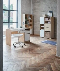 Bibliothèque BILLUND 3portes Blanc/chêne -Meubles Reduction Magasin 128838