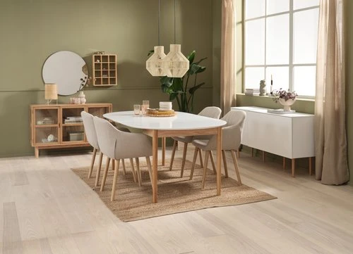MARSTRAND Ø110 Table Blanc + 4 ADSLEV Chaises Beige 4 MARSTRAND Ø110 Table Blanc + 4 ADSLEV Chaises Beige – Image 2