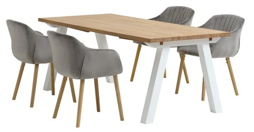 SKAGEN L200 Table Blanc/ch. + 4 ADSLEV Chaises Velours Gris 3 SKAGEN L200 Table Blanc/ch. + 4 ADSLEV Chaises Velours Gris